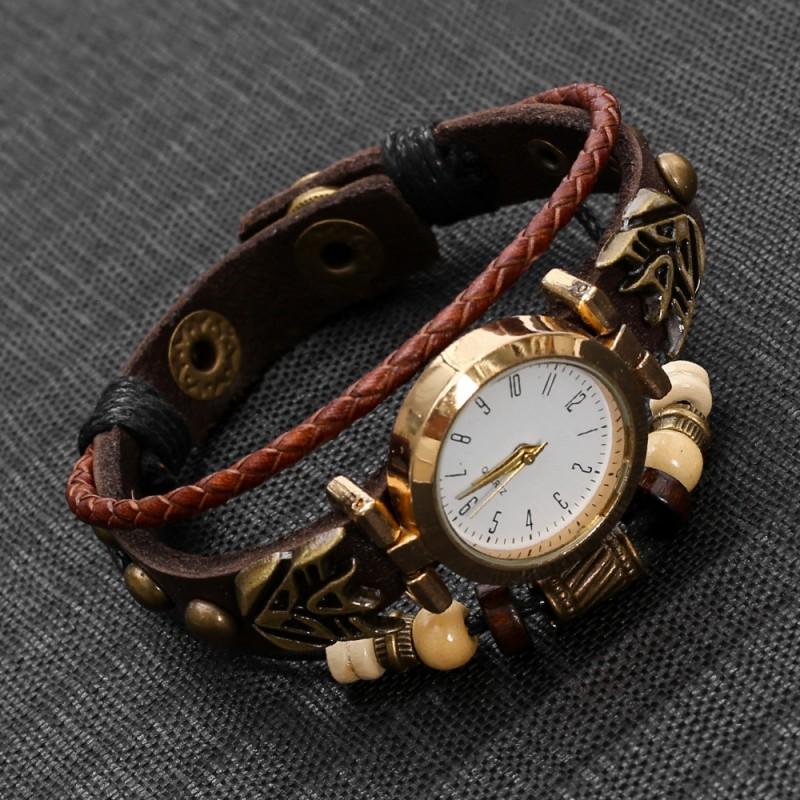 Minimalist Vintage Leather Quartz Watch Women Round Dial 28mm Punk Style Wristwatch With Braided Strap