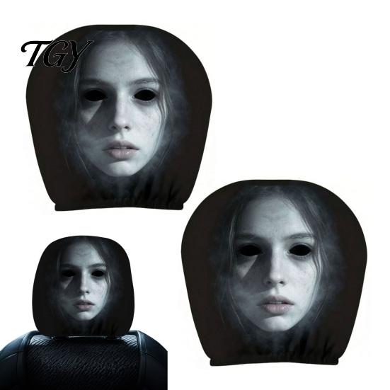 Funny Prank Car Accessories 2Pcs Ghost Face Headrest Covers, Halloween Horror Seat Decorations, Holiday Atmosphere Decor Universal Fit