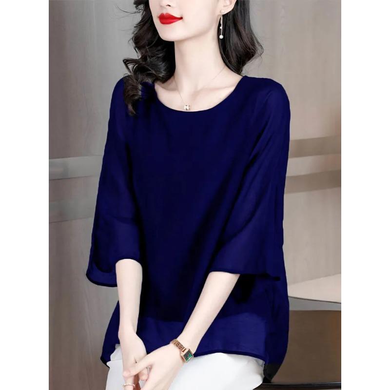 New Chiffon Shirt Solid Color Women's Mid-sleeve T-shirt Round Neck Loose French Top Trendy