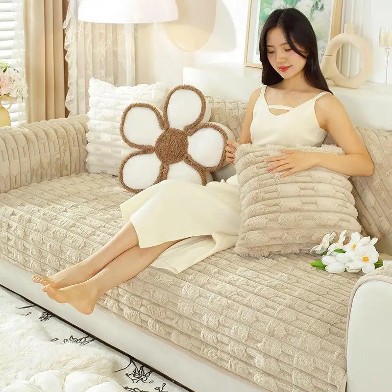 1pcs Rabbit Velvet Sofa Cover Household Thick Plush Cushion Autumn Winter Necessary Anti Slip Leather Seat Mat Cloth Towel