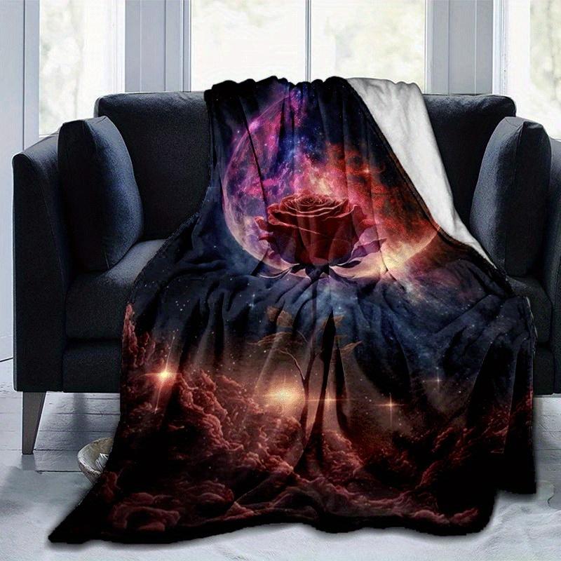 1pc Rose Universe Printing Lightweight Flannel Blanket, Comfortable and Warm Blanket, for Camping Sofa Bed and Couch Office, Gift