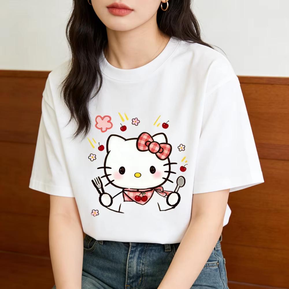 2026 Hello Kitty Cartoon Printed Short Sleeve Summer Comfortable summer loose Tshirt for Women S