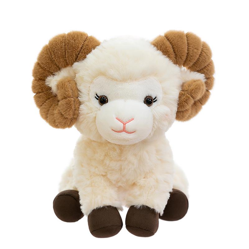 Adorable Big Horn Sheep Wool Plush Toy - Sitting Style Little Sheep Doll 26CM 0.37KG