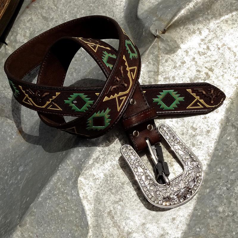 Leather Belt Navajo Totem Oil Paint Relief Shiny Niche Rhinestone Inlaid Removable Button Head