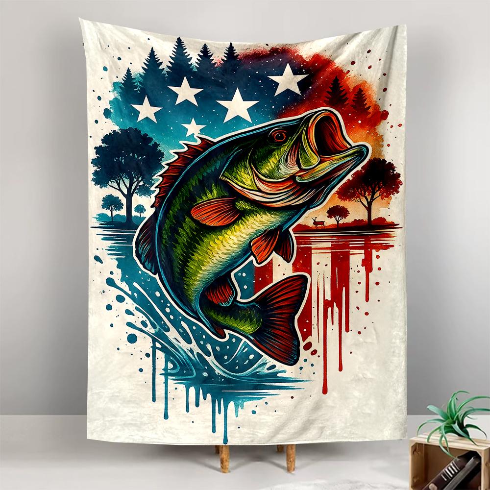 Vertical Tapestry Largemouth Bass Fish Jumping American Flag Stars Stripes Wall Hanging Men Cave Fishing