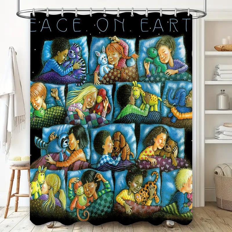 Cozy Kids Sleep Shower Curtain Multicolored Illustration Featuring Children With Pets In Bed For A Calming Nursery Ambiance (36X