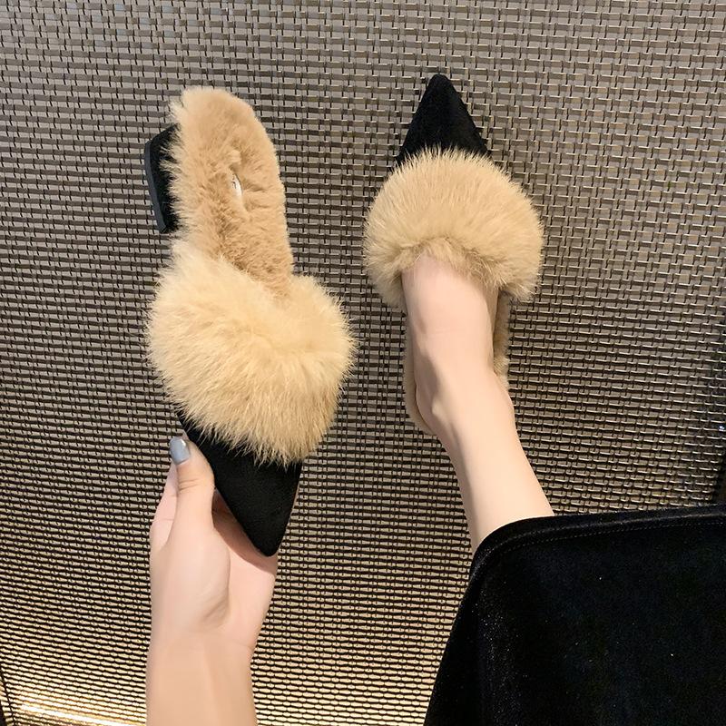 French pointed toe fluffy slippers women's outer wear 2025 new autumn and winter evening wind piled thick heel cotton slippers