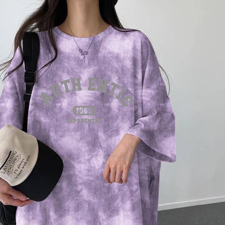 Summer 2024 Tie-Dye Short-Sleeve T-Shirt Dress: Women's Korean-Style Fashionable Print, Loose, Casual Mid-Length 