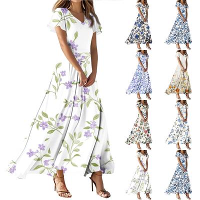 Women's Summer Floral Print V Neck Short Sleeve Maxi Dress Flowing A-Line Maxi Dress Bohemian Holiday Beach Dress