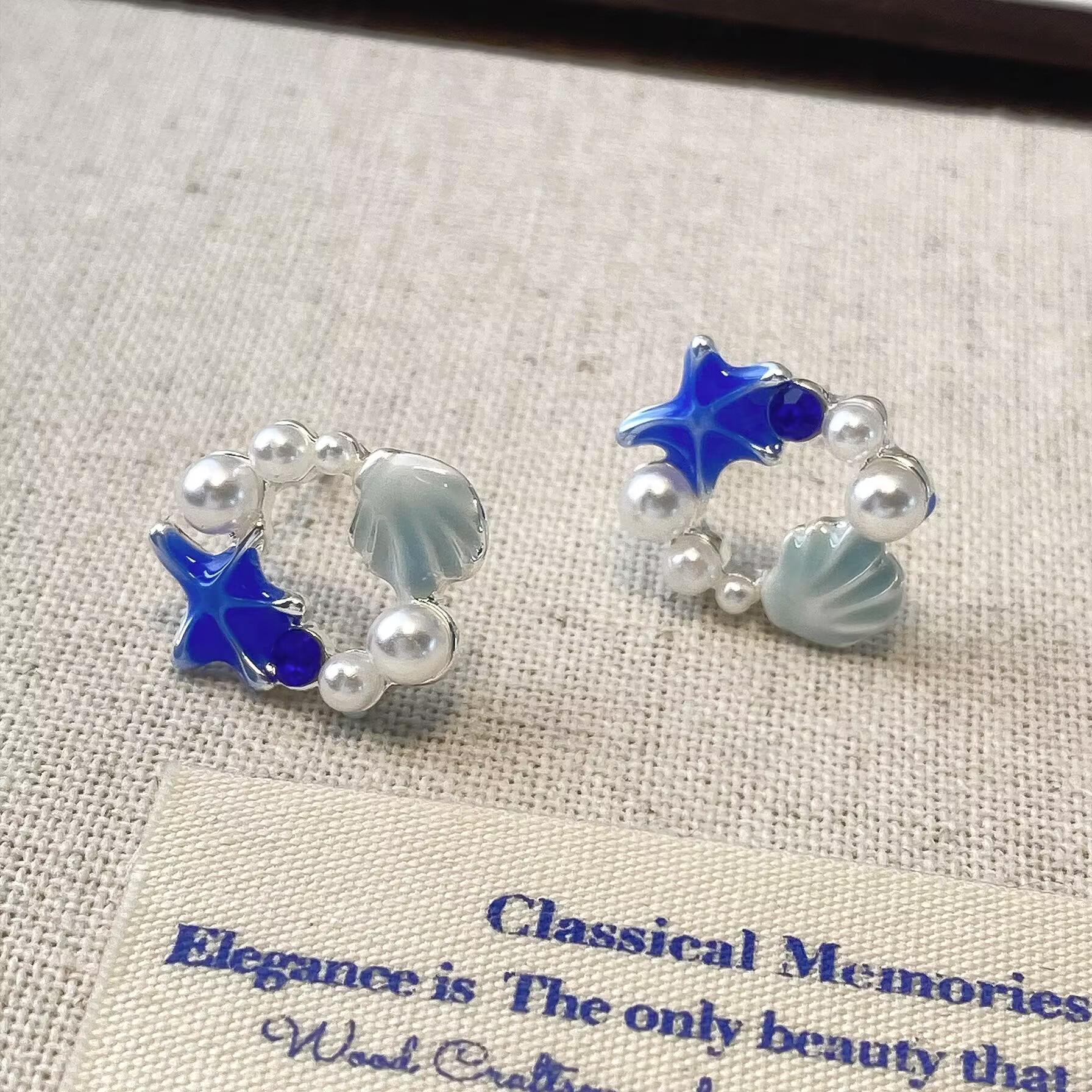 Exquisite Blue Starfish Shell Pearl Stud Earrings for Women - Forest Style S925 Sterling Silver