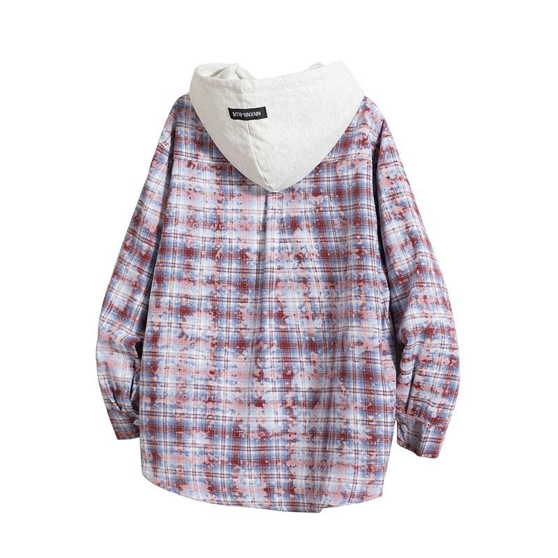 Mens Oversized Relaxed Fit Plaid Shirt Casual Long Sleeve Hooded Top Breathable Lightweight Streetwear