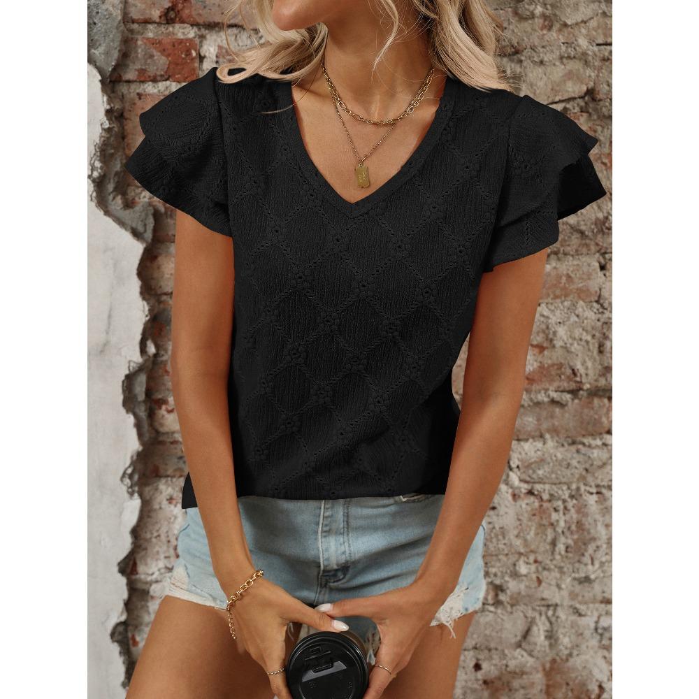 Frisches Sommer Damen Einfarbiges V-Ausschnitt Süßes Kurzarm T-Shirt Ausgehöhltes Top