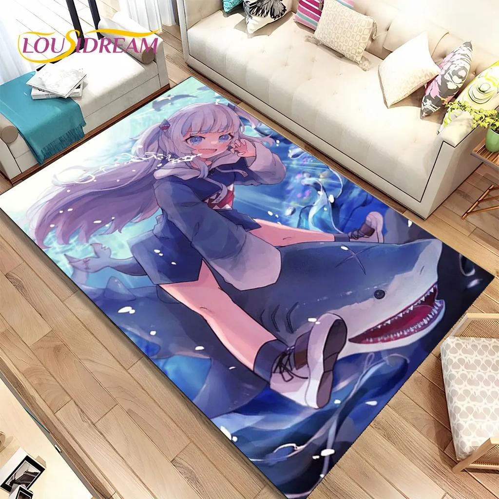 Gawr Gura Hololive Niedlicher Anime-Teppich, groß, Teppich für Wohnzimmer, Schlafzimmer, Sofa, Fußmatte, Dekoration, rutschfeste Bodenmatte für Kinder