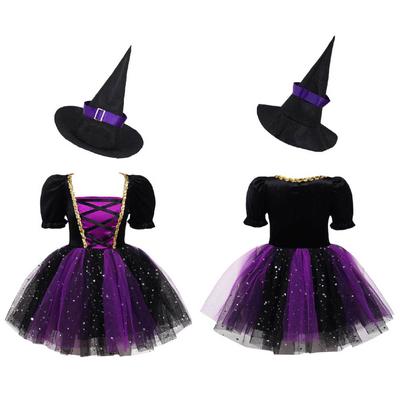 Kids Girls Witch Costume Halloween Cosplay Dress with Pointed Hat for Carnival Themed Party Dress Up Clothes