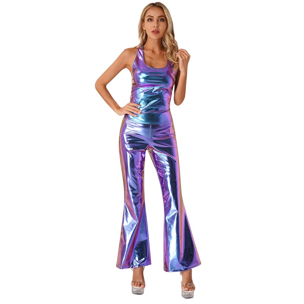 Womens Metallic Shiny Disco Outfit Sleeveless Racerback Tank Top with Flared Pants Elastic Waistband Partywear