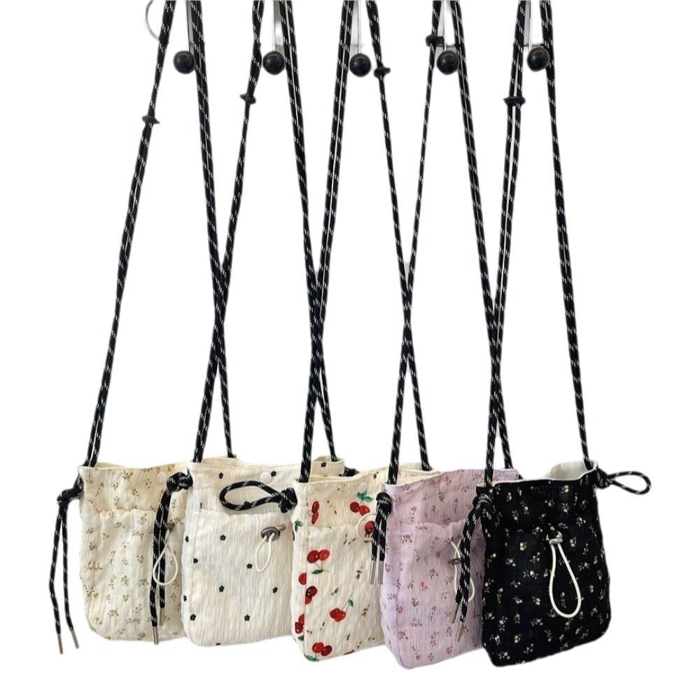 Minimalist Style Drawstring Canvas Crossbody Bag Small Lightweight Shoulder Bag Floral Print Coin Purse Women Girl