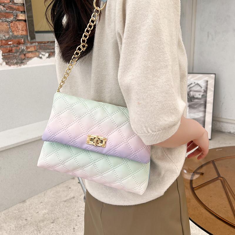 Elegant sweet gradual change color cross lock small square bag 2025 fashion embroidered diamond chain bag
