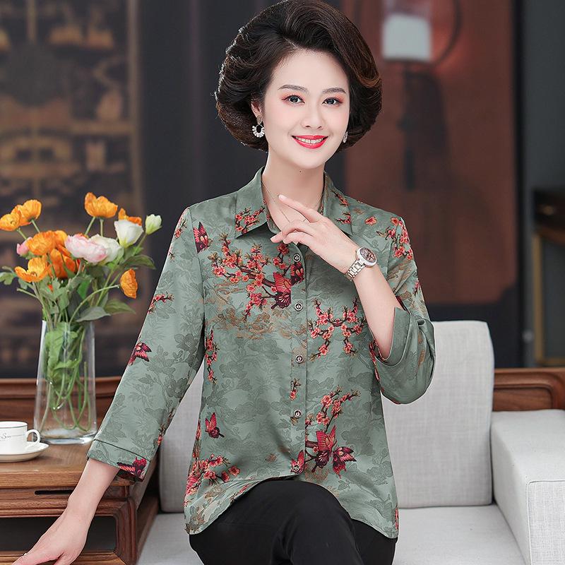 

Noble Retro Print Silk Shirt for Women - Spring/Summer Lapel Top for Middle-Aged & Elderly 2XL (110-120 jin) зелёный