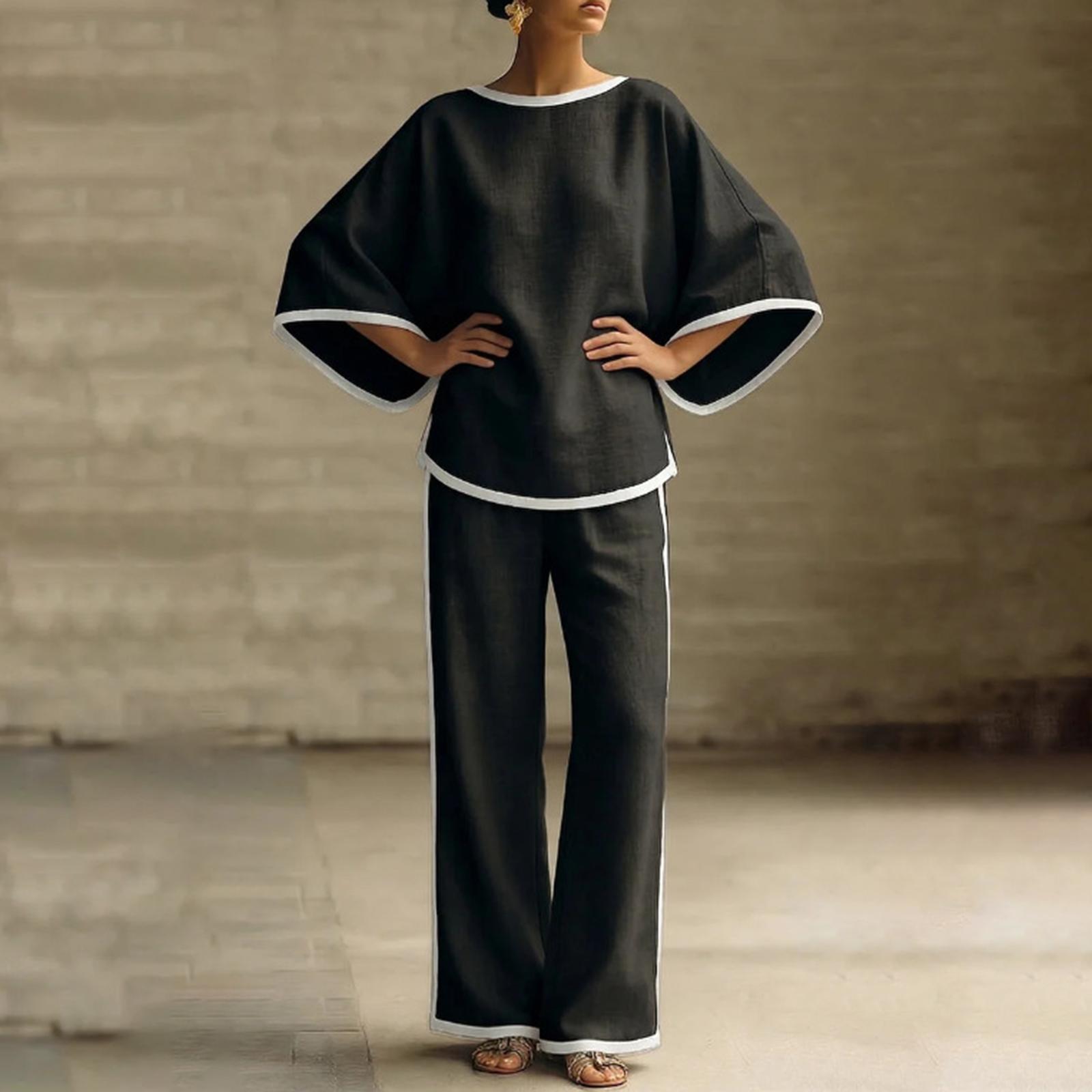 

Women s Fashion Round Neck Long Sleeve Loose Top Casual Pants Cotton And Hemp Two Piece Set L чёрный