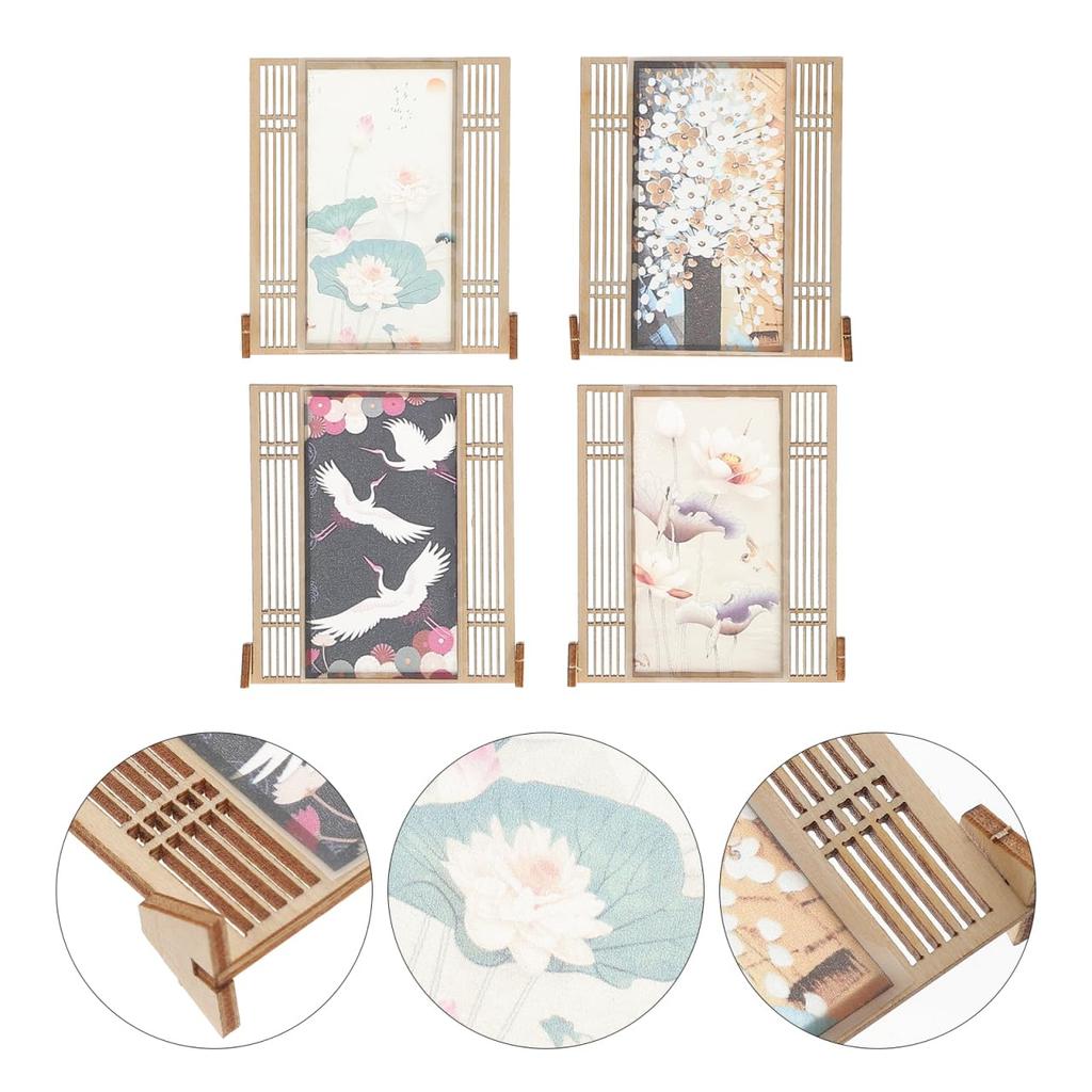 Totority Miniature Folding Screen, Set of 4, Dollhouse Furniture, Room Divider, Chinese-Style Antique Wooden Partition, Decoration, Ornament,