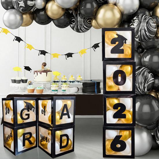 4 Pcs 2026 Grad Balloon Boxes Black Balloon Boxes with Letters So Pround of You Graduation Party Decoration for College High School Class of 2026