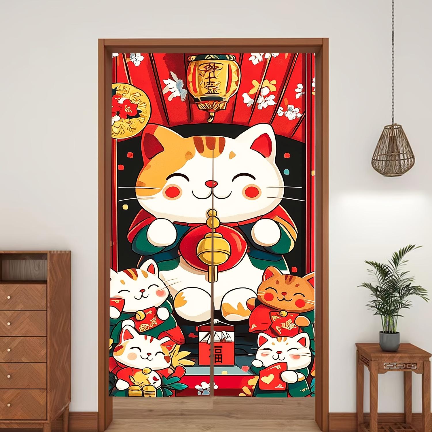 

1pc Lucky Cat 2D Flat Door Curtain - Chinese New Year Festive Decoration, Linen Material, Red & Golden Design with Lanterns and 65x100cm26x39in