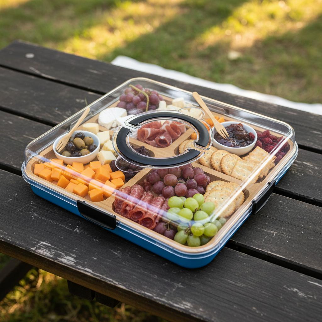 Bamboo Cheese Board With Compartment Outdoor Portable Snack Platter For Party Home