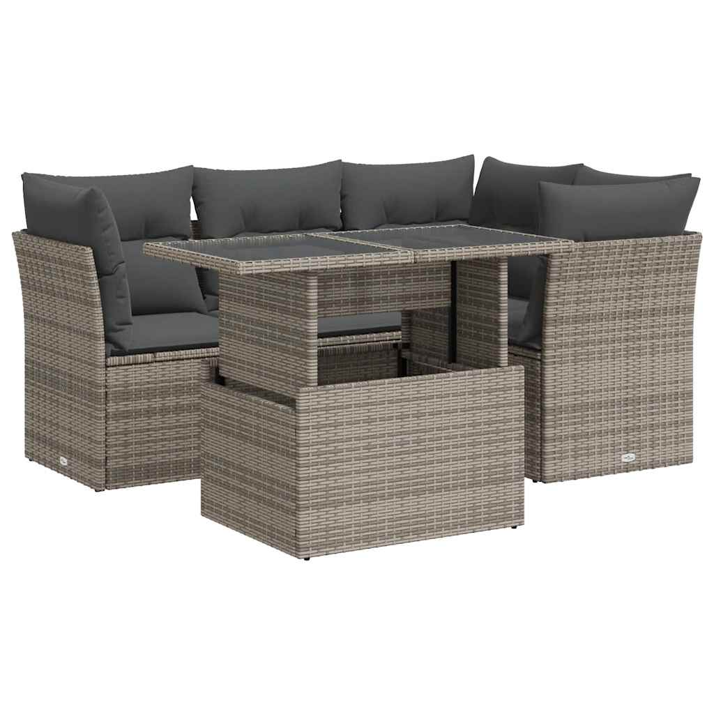 vidaXL 5 Piece Grey Garden Sofa Set with Cushions Poly Rattan