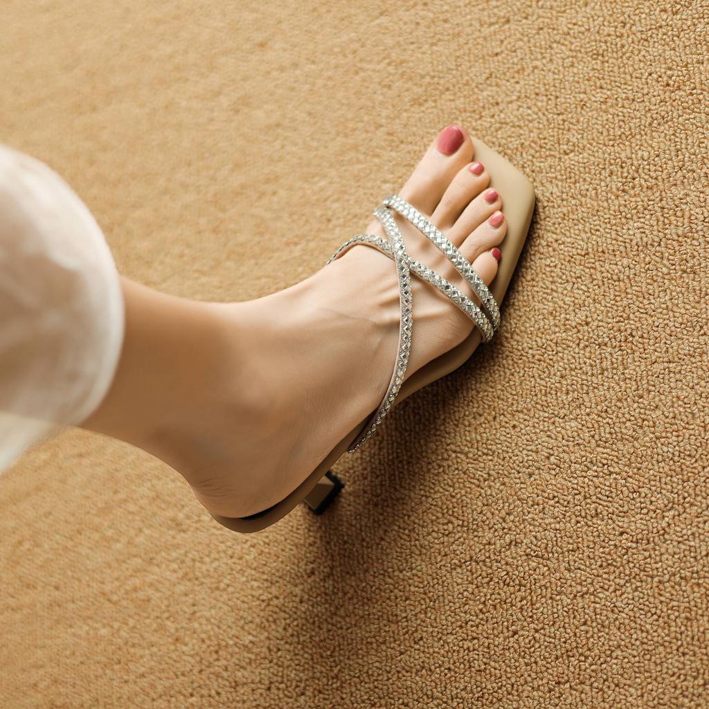 Krazing Pot Mules Microfiber Peep Toe Stiletto Thin High Heels Summer Shoes Size 44 Size 43 Crystal Women Sandals