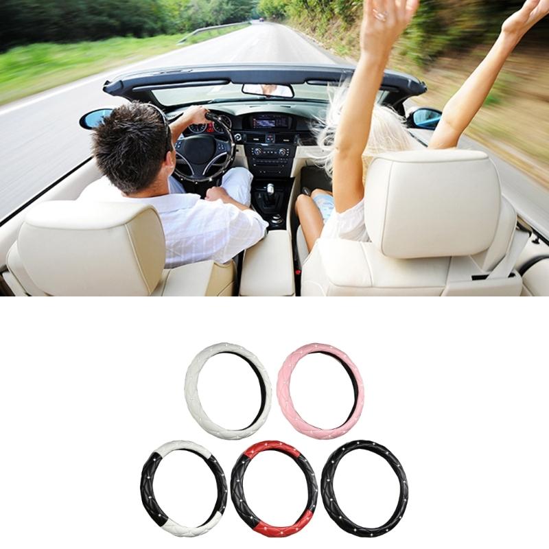 Leather Steering Wheel Cover Featurings Sparkling Rhinestones Studs for Enhanced Driving Comfort and Antislip