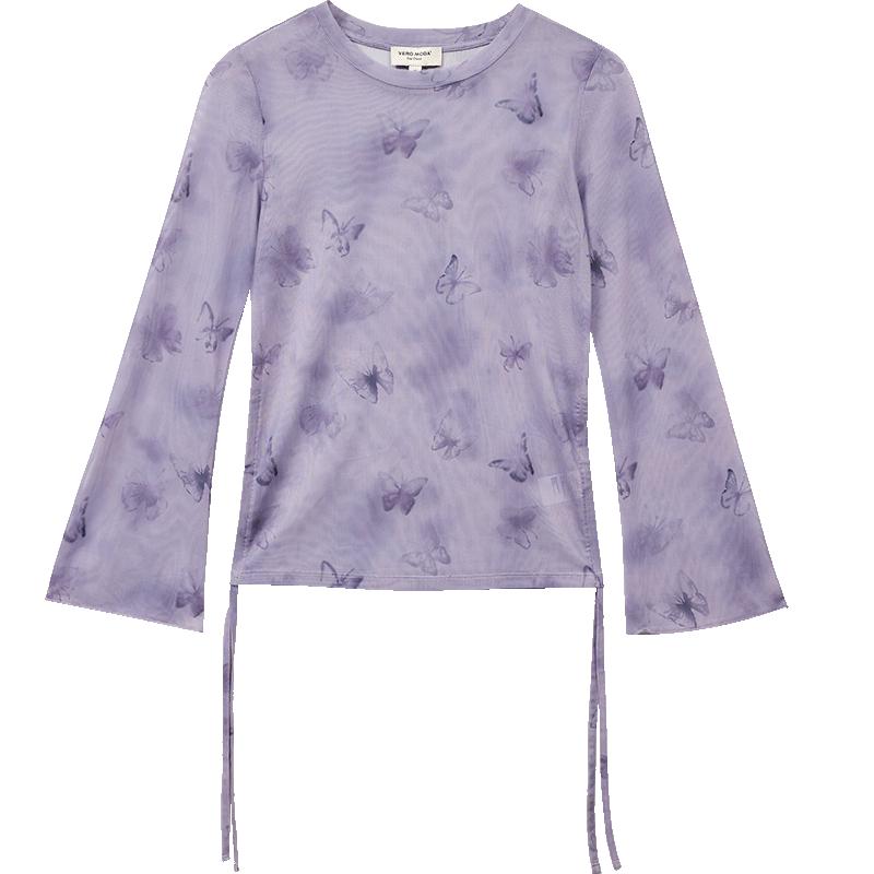 VERO MODA Women s Butterfly Print Drawstring Long Sleeve Mesh Top S