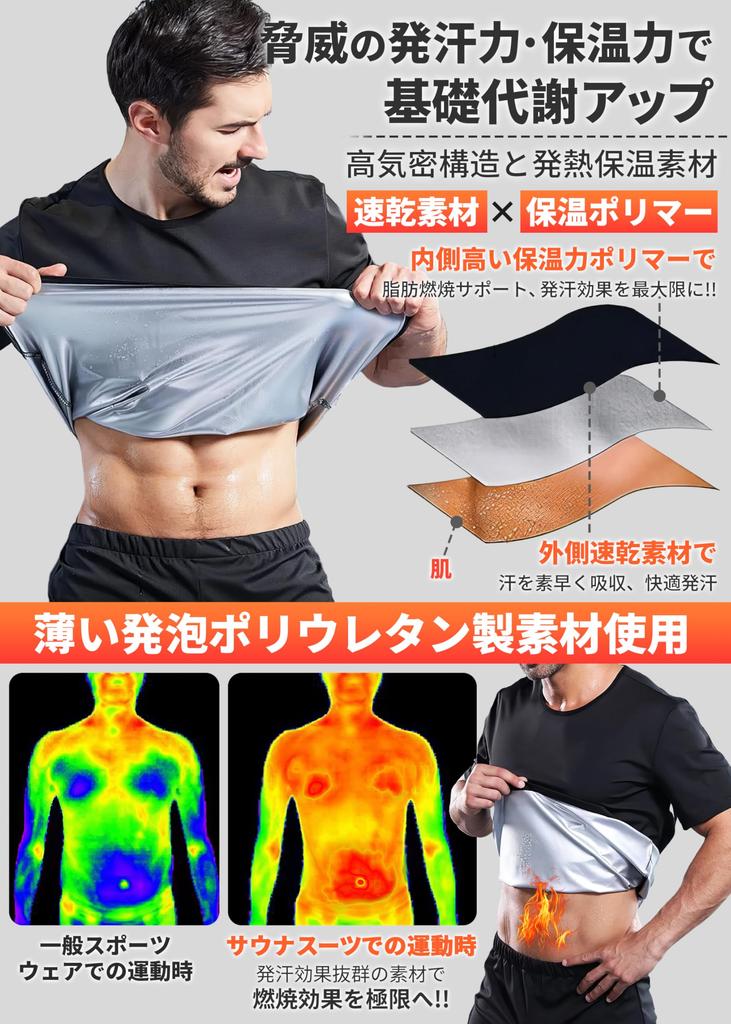 GOKEI Short Sleeve Sauna with Sauna Diet Running Silver Size 2XL Men's Suit, Sweat-Reducing T-Shirt Effect, Washable, Running, Sportswear, T-Shirt,