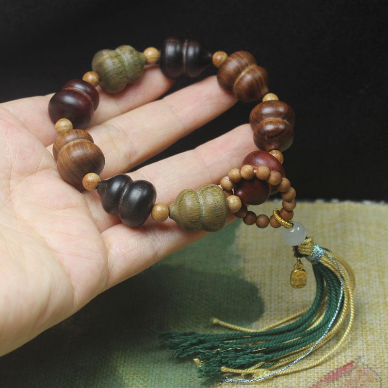 Green Sandalwood & Black Ebony Multi-Treasure Gourd Bracelet Fu Lu Buddhist Prayer Beads Jewelry Gift
