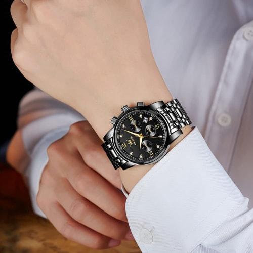 Olevs Men's Watch: Black Quartz, Waterproof, Analog, Business Watch with Date Display, Metal Band, Black Chronograph, Large Watch for Men, Casual Fash