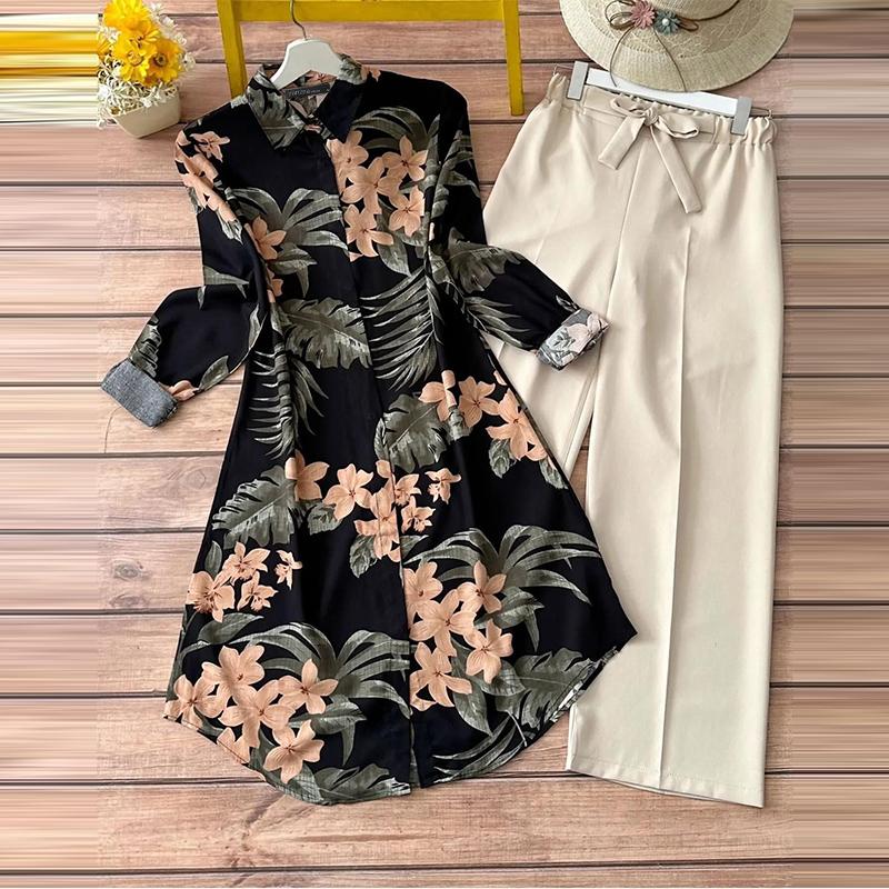 

ZANZEA Женский принт блузка и брюки летний комплект из двух частей костюма 5XL чёрный