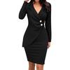 Women Solid Turn Down Neck Long Sleeve Casaul Work Formal Dress