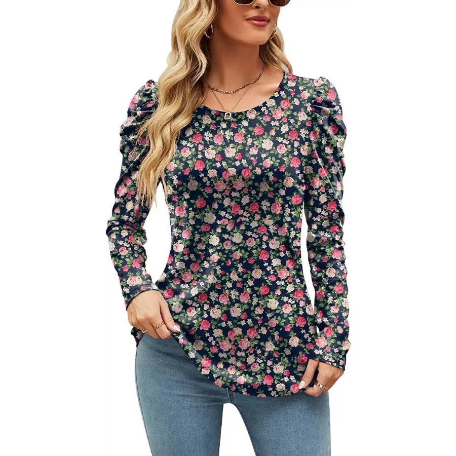

Женская одежда, осенне-зимняя футболка для женщин, топ с круглым вырезом и длинными рукавами с цветочным принтом XXL красный