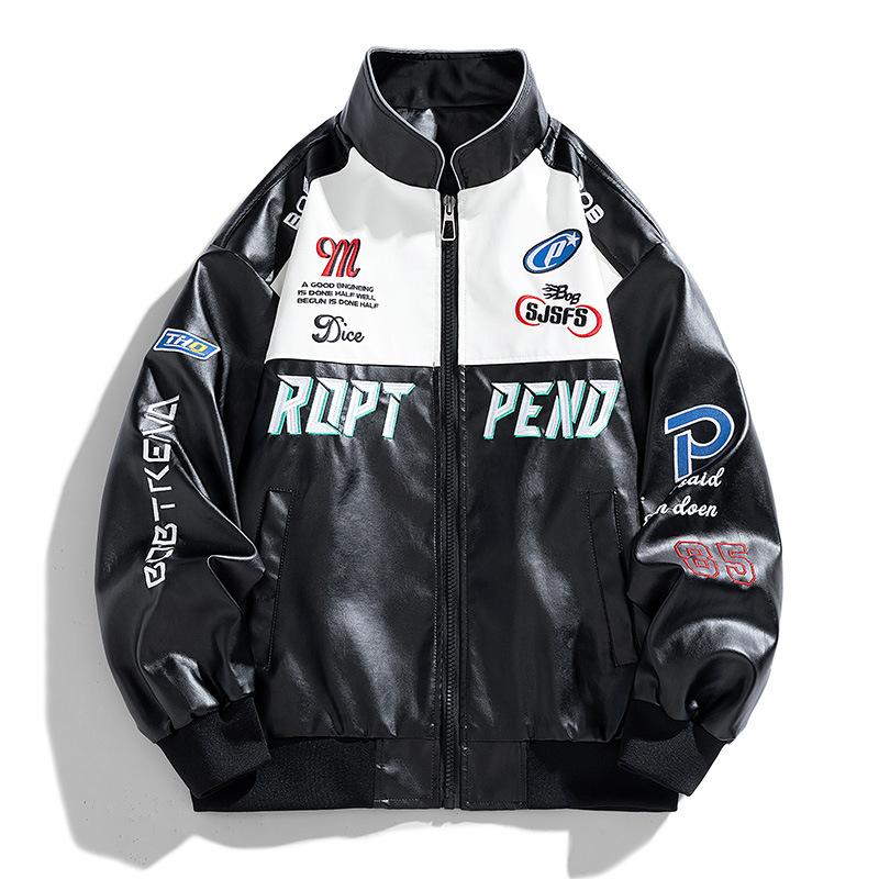 

Вышитая цветная кожаная куртка с блоками Мужская куртка из искусственной кожи Stand Up L