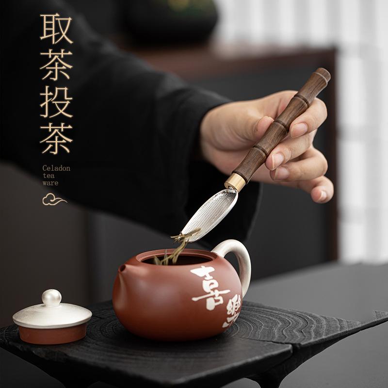 Black Ebony Bamboo Tea Spoon Long Handle Copper Hammered Spoon Tea Leaf Scoop Tea Accessories