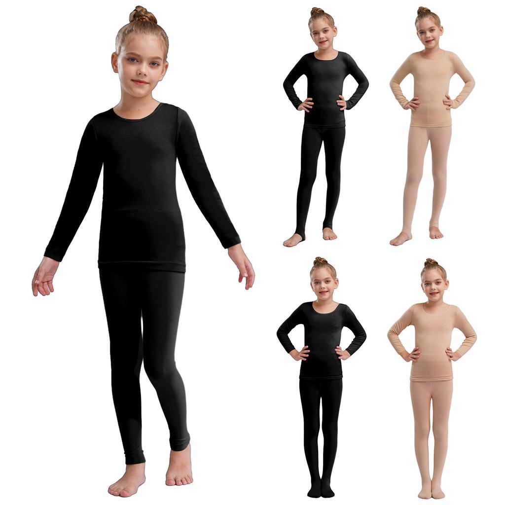 Kids Girls Ballet Dance Training Costumes Spring Autumn Thermal Underwear Suit Stretchy Long Sleeve Top+Pantyhose Leggings Pants