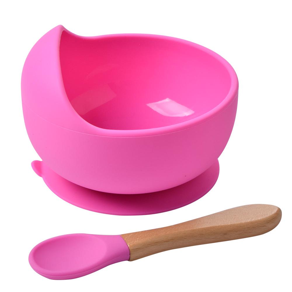 Silicone Baby Bowl & Spoon Set with Wooden Handle and Suction Cup