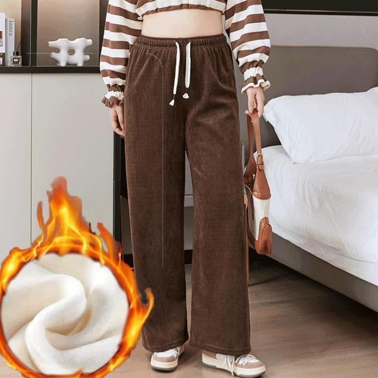 

High Waist Wide Leg Pants for Women Plus Size Fleece Thickened Stretchy Elastic Casual Long Trousers Solid Colour XXXXL коричневий