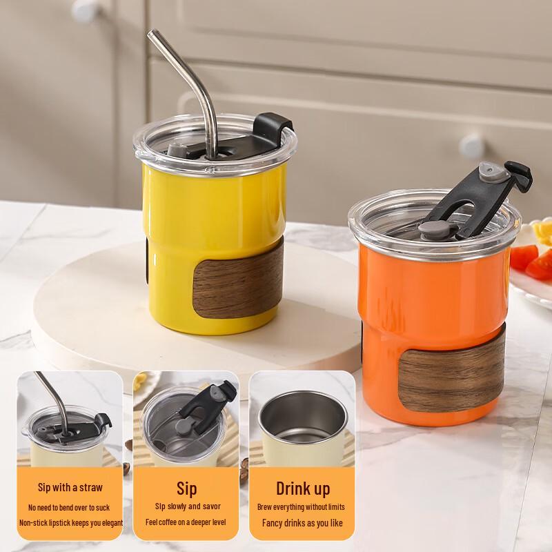 Baizi'en 304 Stainless Steel 0.3L Camping Cup with Lid and Straw