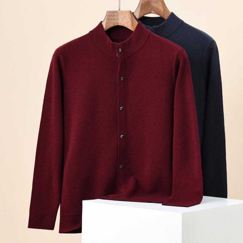 Hengyuanxiang Men's 100% Wool Thick Knit Half-High Neck Cardigan Sweater - Autumn/Winter 2025