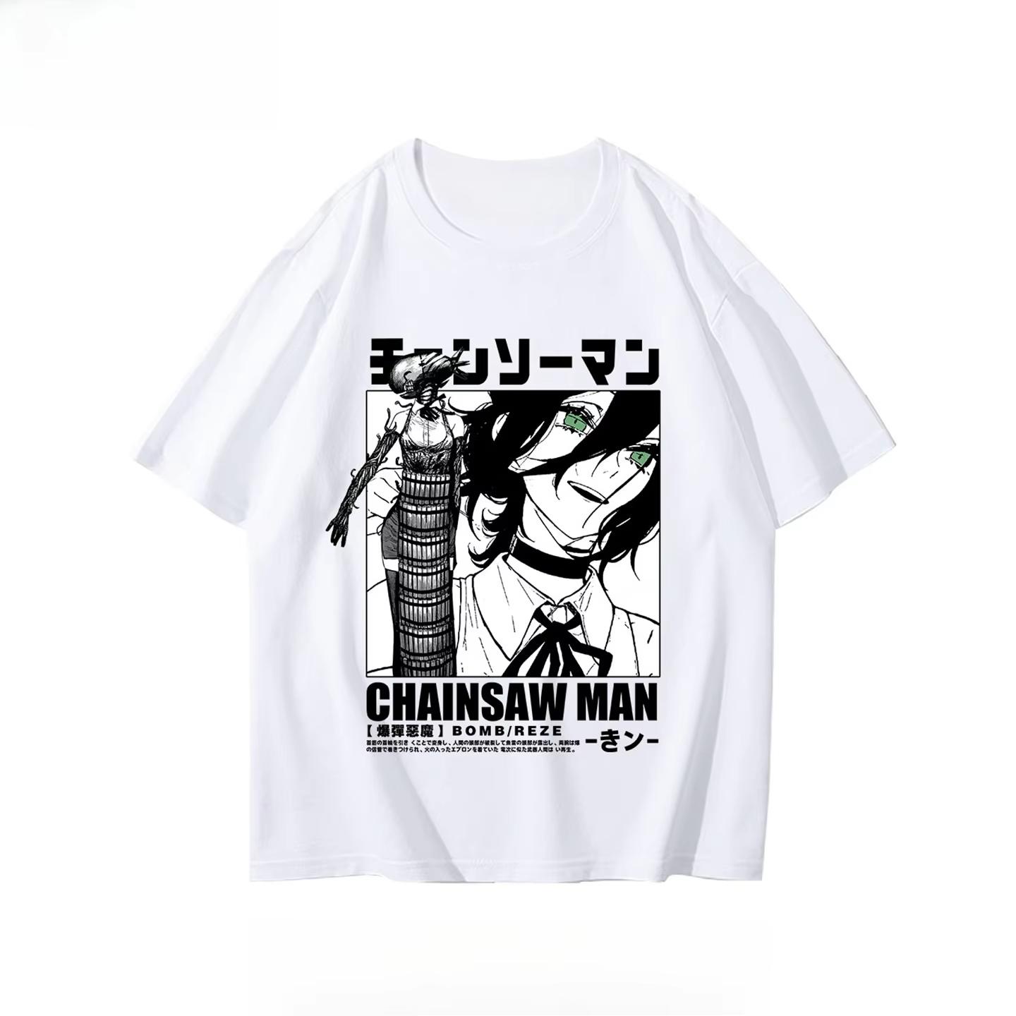 

2026 Summer Fashion Chain Saw T-shirt Bomb Devil Gift Pack Short Sleeve Anime Japanese Black T-shirt Clothing Neutral T-shirt M білий