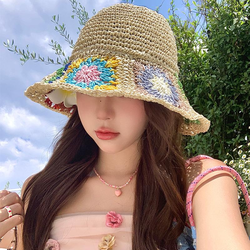 French flower hollow woven straw hat women's summer sunshade sun protection bucket hat seaside beach vacation sun hat