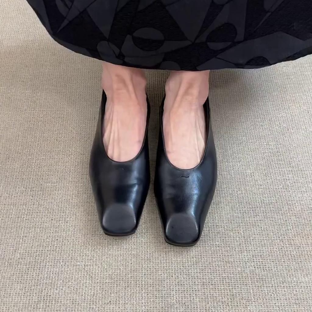 Sheepskin version~ Small square head minimalist flat shoes, one pedal, shallow mouth French temperament single shoes, women's commuting small leather