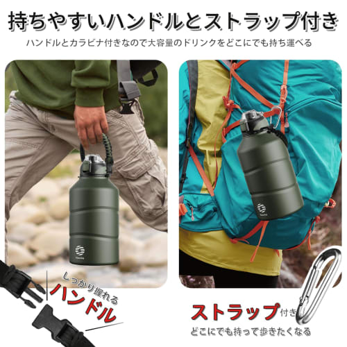 FJbottle 1.9 Liter Vacuum Insulated 2-Way Water Bottle with Straw, One-Touch Direct Drinking, Sports Jug (with Strap), 1.9L (1900ml), Sports Bottle, S