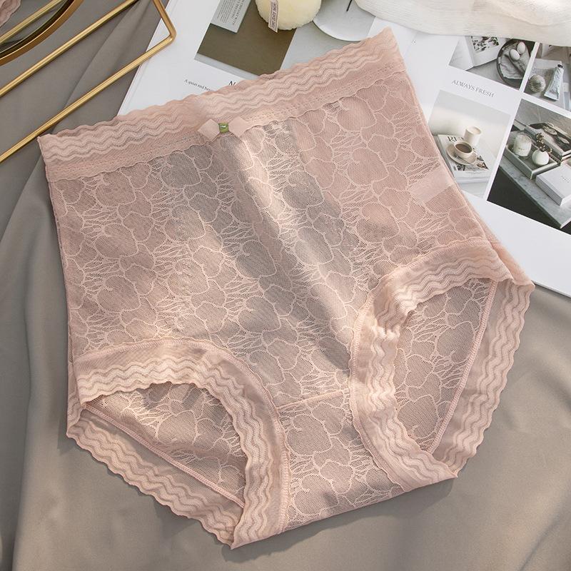 Ladies Spring and Summer New Sexy Lace Pure Color Abdominal Warm Antibacterial Cotton Crotch High Waist Triangle Briefs