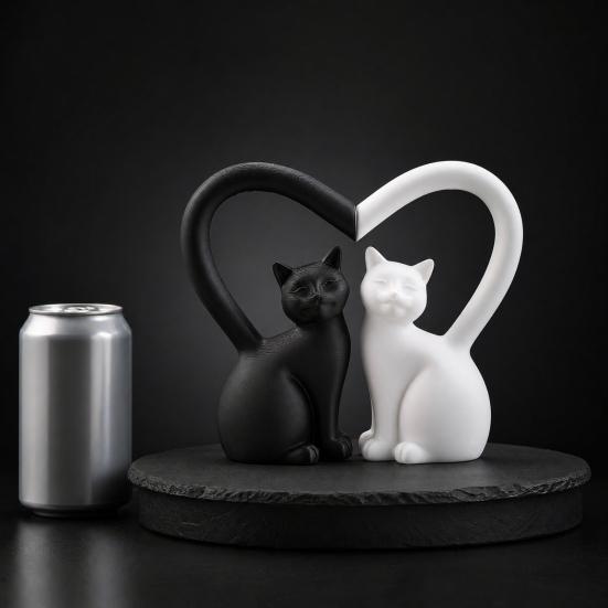 2Pcs Couple Cat Figurine, Black & White Cat Statue with Heart-Shaped Tail, Stable Base Decor for Bedroom Vanity Living Room, Romantic Gift for